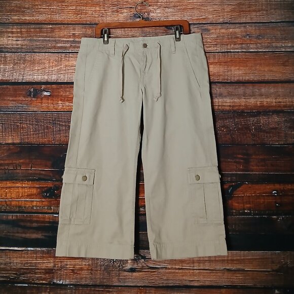 Levi's Cargo Pants Size M Clamdiggers Capri Drawstring 100% Cotton Khaki Tan - Picture 2 of 10